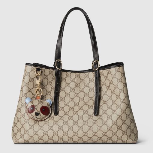 GG EMBLEM MEDIUM TOTE BAG BEIGE AND DARK BROWN