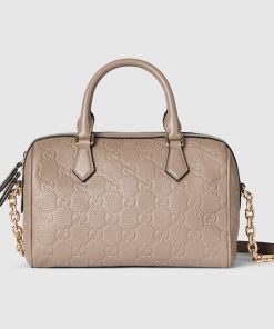 GG EMBLEM SMALL TOP HANDLE TAUPE BAG