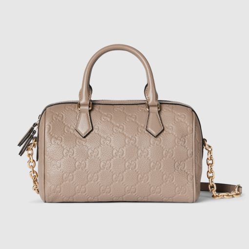 GG EMBLEM SMALL TOP HANDLE TAUPE BAG