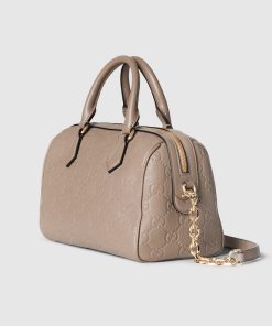 GG EMBLEM SMALL TOP HANDLE TAUPE BAG