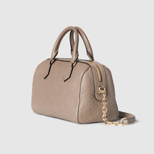 GG EMBLEM SMALL TOP HANDLE TAUPE BAG