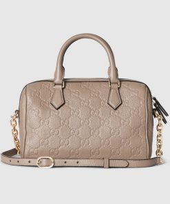 GG EMBLEM SMALL TOP HANDLE TAUPE BAG